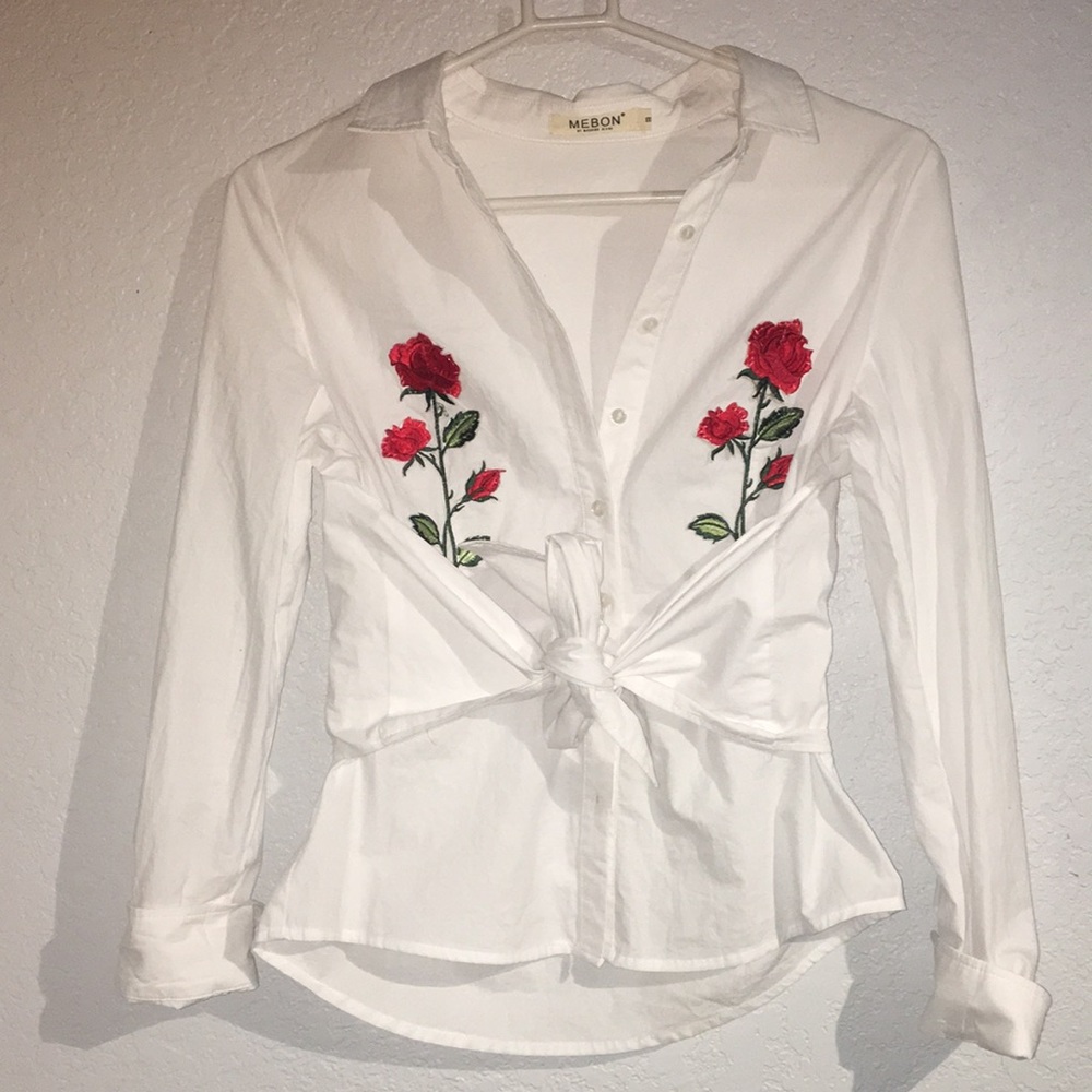 Embroidered rose button up